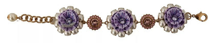 Dolce &amp; Gabbana FIORI BLOOMING Floral Baroque Crystals Brass Bracelet