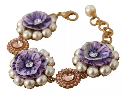 Dolce &amp; Gabbana FIORI BLOOMING Floral Baroque Crystals Brass Bracelet