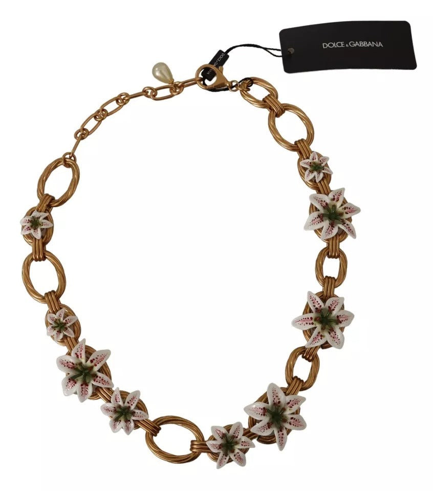 Dolce &amp; Gabbana Gold Chain Lilium Floral Choker Statement Jewelry Necklace