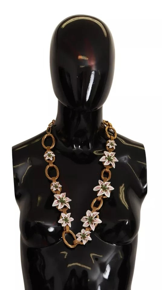 Dolce &amp; Gabbana Gold Chain Lilium Floral Choker Statement Jewelry Necklace