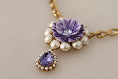 Dolce & Gabbana Gold Tone Floral Crystals Purple Embellished Necklace