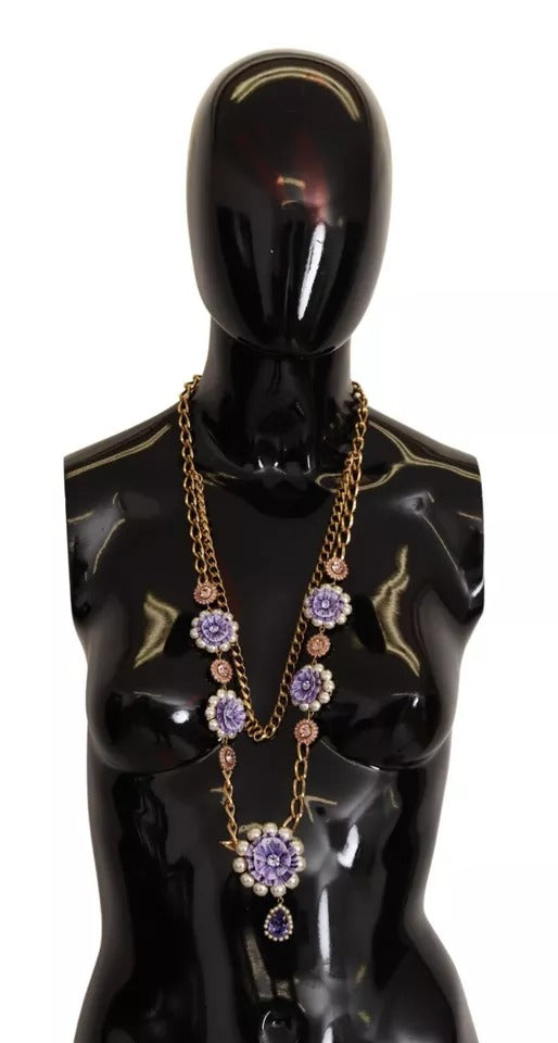 Dolce &amp; Gabbana Gold Tone Floral Crystals Purple Embellished Necklace