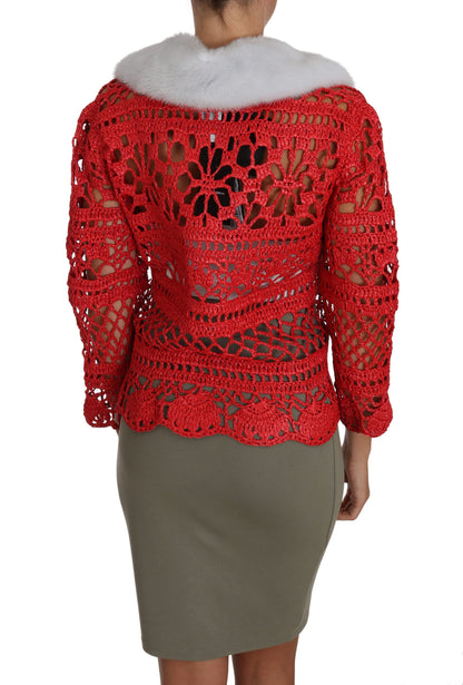 Dolce &amp; Gabbana Elegant Red Crochet Knit Cardigan with Fur Collar