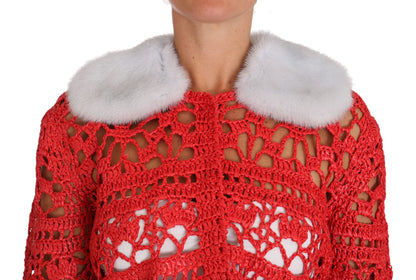 Dolce &amp; Gabbana Elegant Red Crochet Knit Cardigan with Fur Collar