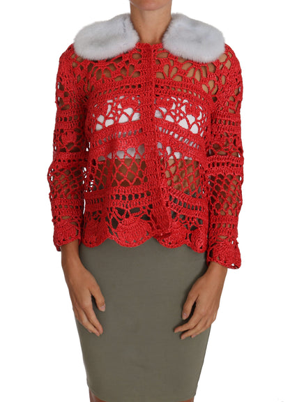 Dolce &amp; Gabbana Elegant Red Crochet Knit Cardigan with Fur Collar