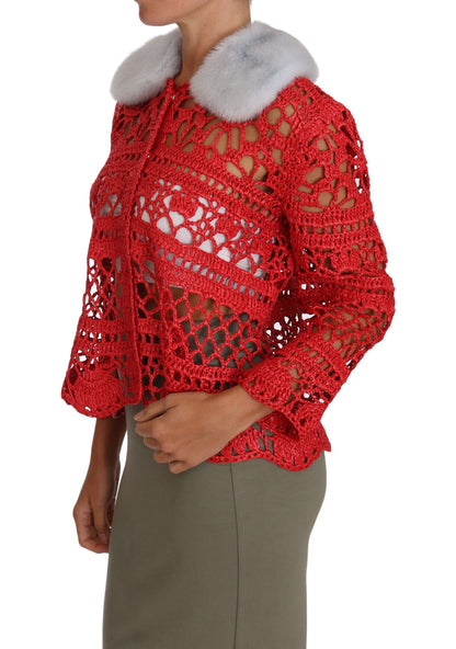 Dolce &amp; Gabbana Elegant Red Crochet Knit Cardigan with Fur Collar