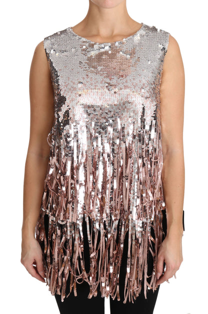 Dolce &amp; Gabbana Golden Pink Sequined Fringe Elegance Top