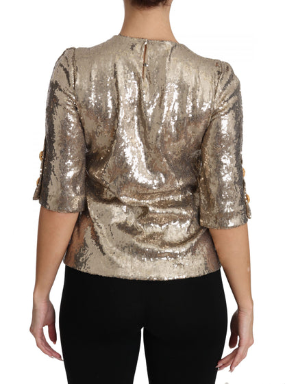 Dolce &amp; Gabbana Gold Parrot Motif Crewneck Blouse with Crystals