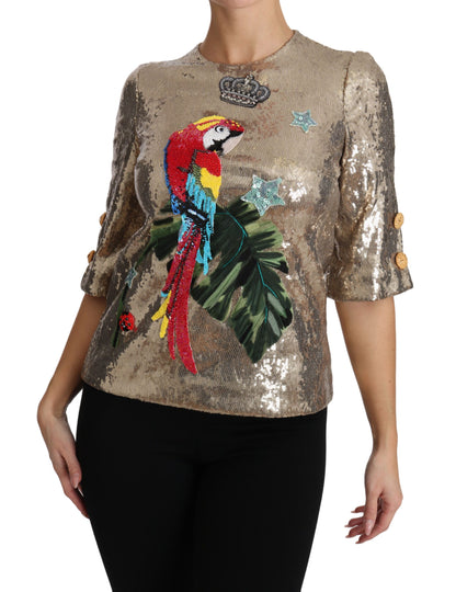 Dolce &amp; Gabbana Gold Parrot Motif Crewneck Blouse with Crystals