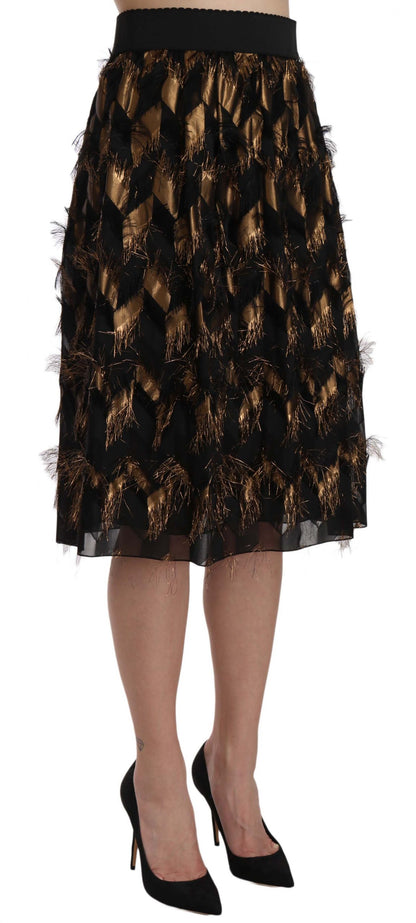 Dolce &amp; Gabbana Elegant Gold Black Silk Blend High Waist Skirt