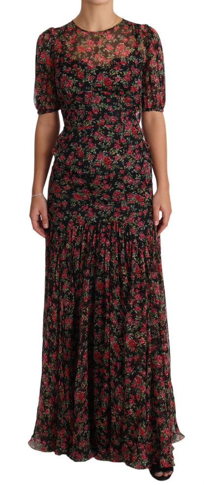 Dolce &amp; Gabbana Elegant Black Silk Floral A-Line Gown