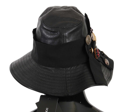 Dolce &amp; Gabbana Elegant Black Leather Cloche Cap